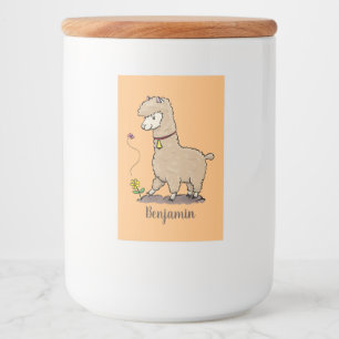Cute happy alpaca met vlinder cartoon voedselcontainer etiket