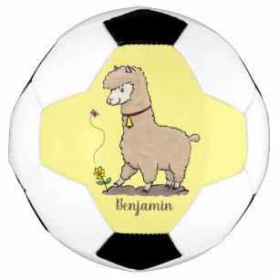 Cute happy alpaca met vlinder cartoon voetbal
