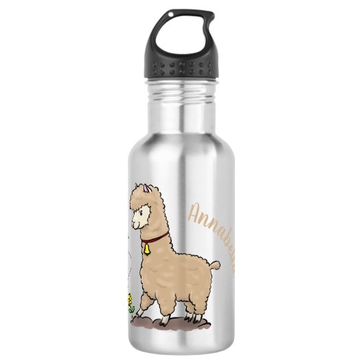 Cute happy alpaca met vlinder cartoon waterfles  (Voorkant)