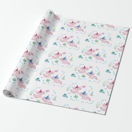 Cute Happy Axolotl Birthday Party White Cadeaupapier (Uitgerold)