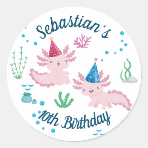 Cute Happy Axolotl White Birthday Party Ronde Sticker