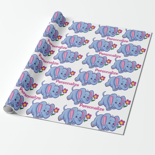 Cute & Happy Baby Elephant Cartoon Personaliseren Cadeaupapier (Uitgerold)