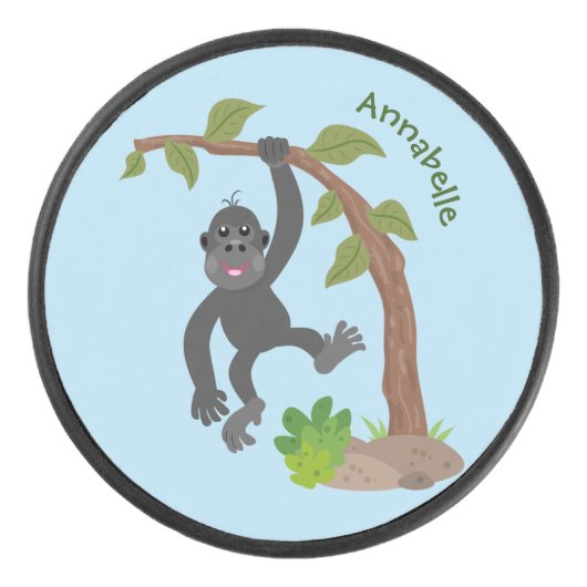 Cute happy baby gorilla cartoon illustratie hockey puck (Voorkant)