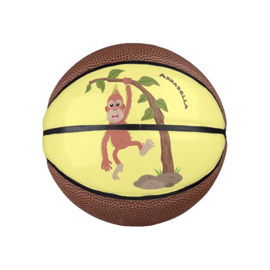 Cute happy baby orangutan cartoon illustratie basketbal (Voorkant)