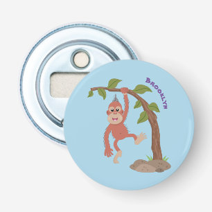 Cute happy baby orangutan cartoon illustratie button flesopener