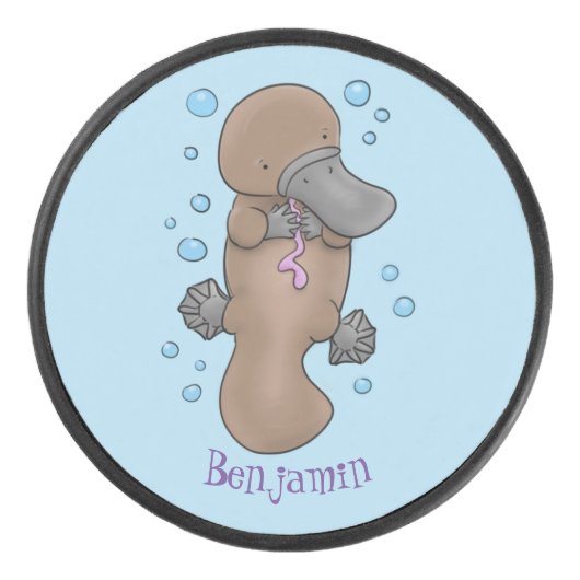 Cute happy baby platypus cartoon illustratie hockey puck (Voorkant)
