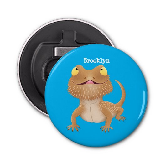 Cute happy bebaarzen dradenhagedis cartoon button flesopener (Voorkant)