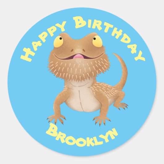 Cute happy bebaarzen drakenhagedis cartoon klassie ronde sticker (Voorkant)