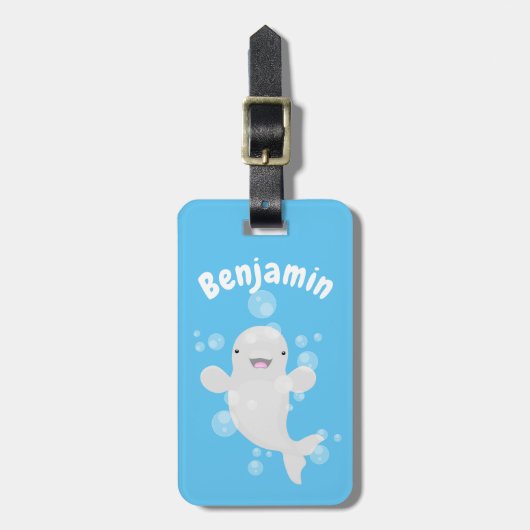 Cute happy beluga whale cartoon bagagelabel (Voorkant verticaal)