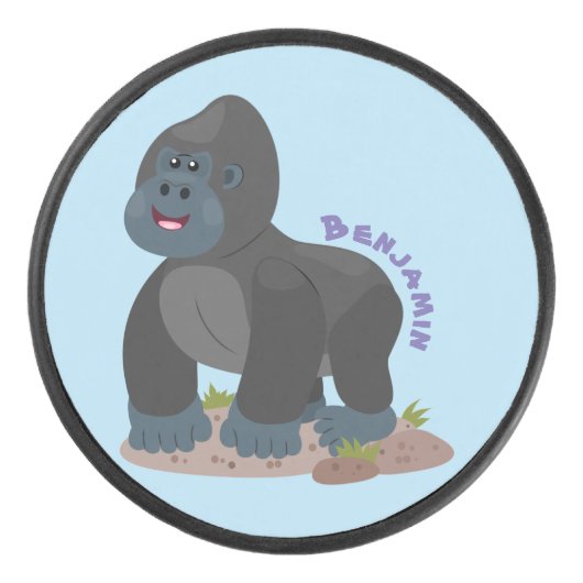 Cute happy big gorilla cartoon illustratie hockey puck (Voorkant)