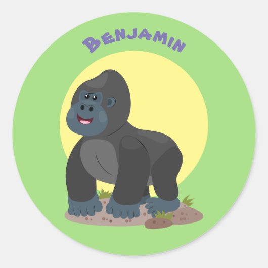 Cute happy big gorilla cartoon illustratie ronde sticker (Voorkant)