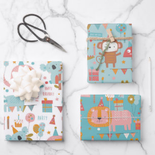 Cute Happy Birthday Animals Koala Lion Sloth Inpakpapier Vel