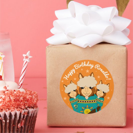 Cute Happy Birthday Boy Alpacas in Blauwgroen Sera Ronde Sticker (Feest)