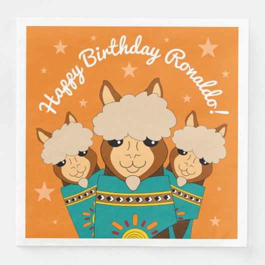 Cute Happy Birthday Boy Alpacas in Blauwgroen Sera Servet (Voorkant)