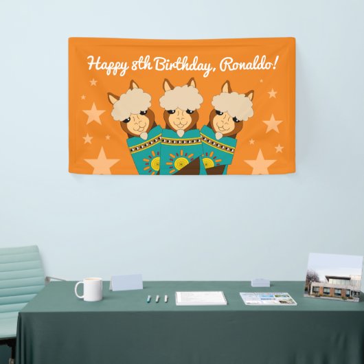 Cute Happy Birthday Boy Alpacas in Blauwgroen Sera Spandoek (Beurs)