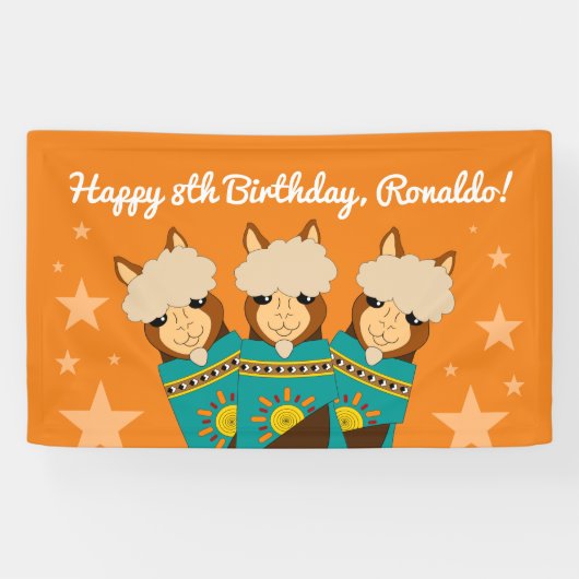 Cute Happy Birthday Boy Alpacas in Blauwgroen Sera Spandoek (Horizontaal)