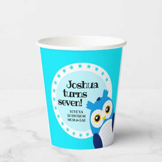 Cute Happy Birthday Boy Blue Owl Papieren Bekers (Achterkant)
