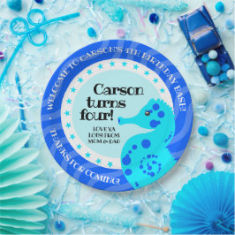 Cute Happy Birthday Boy Blue Seahorse on Waves Papieren Bordje