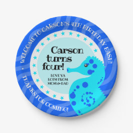 Cute Happy Birthday Boy Blue Seahorse on Waves Papieren Bordje