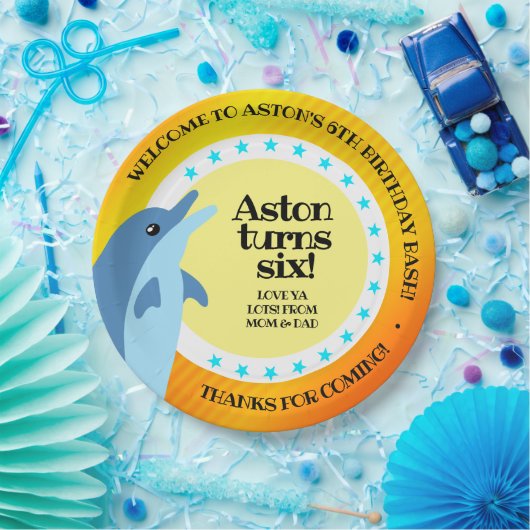 Cute Happy Birthday Boy Dolphin in the Sun Papieren Bordje (Feest)