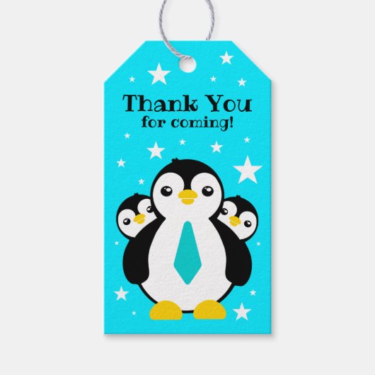 Cute Happy Birthday Boy Penguins Blue Neckties Cadeaulabel (Voorkant)