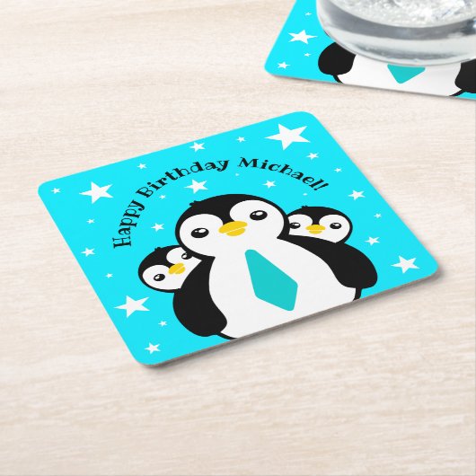 Cute Happy Birthday Boy Penguins Blue Neckties Kartonnen Onderzetters (Schuin)
