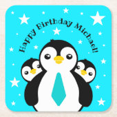 Cute Happy Birthday Boy Penguins Blue Neckties Kartonnen Onderzetters (Voorkant)