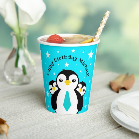 Cute Happy Birthday Boy Penguins Blue Neckties Papieren Bekers (Insitu)