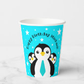 Cute Happy Birthday Boy Penguins Blue Neckties Papieren Bekers (Achterkant)
