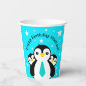Cute Happy Birthday Boy Penguins Blue Neckties Papieren Bekers (Voorkant)