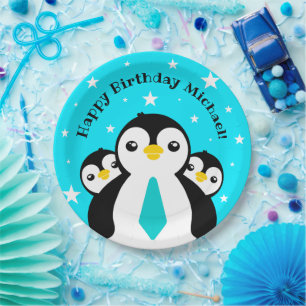 Cute Happy Birthday Boy Penguins Blue Neckties Papieren Bordje