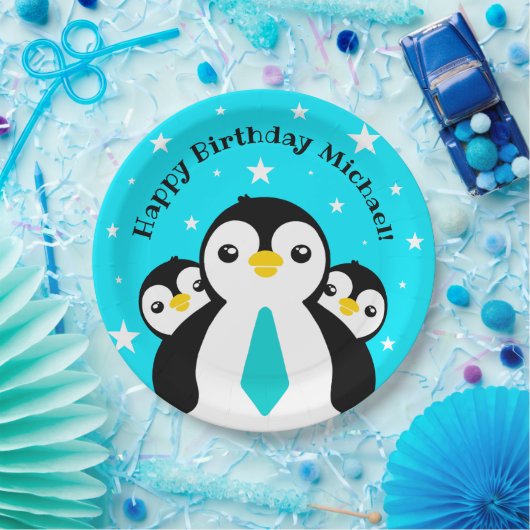 Cute Happy Birthday Boy Penguins Blue Neckties Papieren Bordje (Feest)