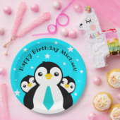 Cute Happy Birthday Boy Penguins Blue Neckties Papieren Bordje (Feest)