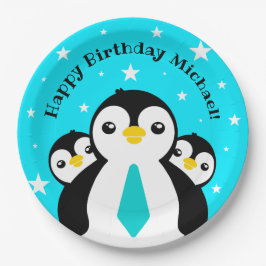 Cute Happy Birthday Boy Penguins Blue Neckties Papieren Bordje