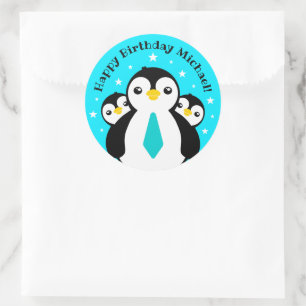 Cute Happy Birthday Boy Penguins Blue Neckties Ronde Sticker