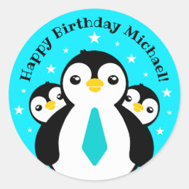 Cute Happy Birthday Boy Penguins Blue Neckties Ronde Sticker