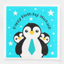 Cute Happy Birthday Boy Penguins Blue Neckties Servet