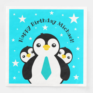 Cute Happy Birthday Boy Penguins Blue Neckties Servet