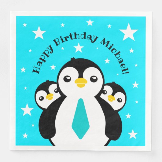 Cute Happy Birthday Boy Penguins Blue Neckties Servet (Voorkant)
