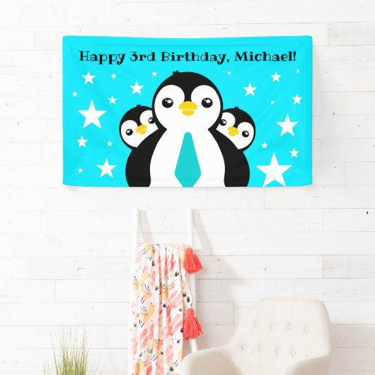 Cute Happy Birthday Boy Penguins Blue Neckties Spandoek (Insitu)