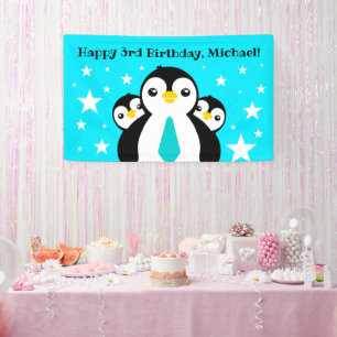 Cute Happy Birthday Boy Penguins Blue Neckties Spandoek