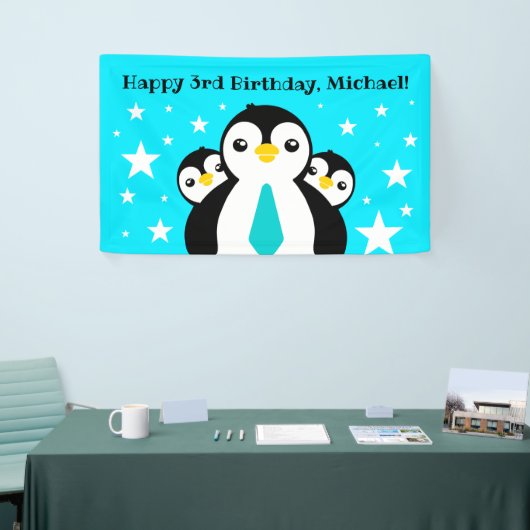 Cute Happy Birthday Boy Penguins Blue Neckties Spandoek (Beurs)