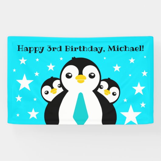 Cute Happy Birthday Boy Penguins Blue Neckties Spandoek (Horizontaal)