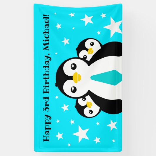 Cute Happy Birthday Boy Penguins Blue Neckties Spandoek (Verticaal)