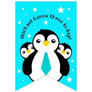 Cute Happy Birthday Boy Penguins Blue Neckties Vlaggetjes