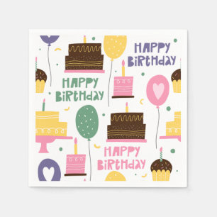 Cute Happy Birthday Cake Balloon Patroon Paper Servet