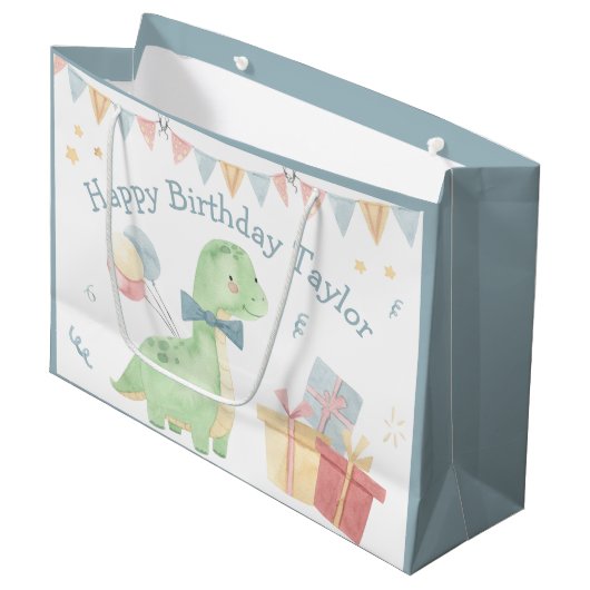 Cute Happy Birthday Dinosaur Party Large Gift Bag Groot Cadeauzakje (Voorkant Gekanteld)