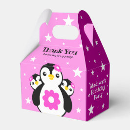 Cute Happy Birthday Girl Penguins Pink Flowers Bedankdoosjes
