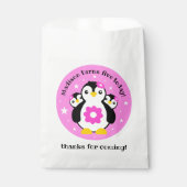 Cute Happy Birthday Girl Penguins Pink Flowers Bedankzakje (Voorkant)