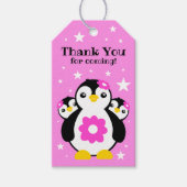 Cute Happy Birthday Girl Penguins Pink Flowers Cadeaulabel (Voorkant)